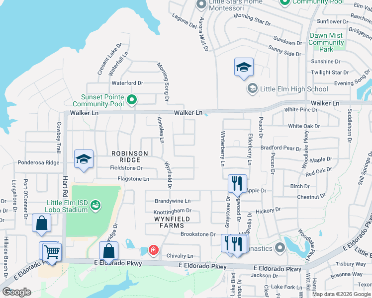 map of restaurants, bars, coffee shops, grocery stores, and more near 1716 Pebble Brook Way in Little Elm