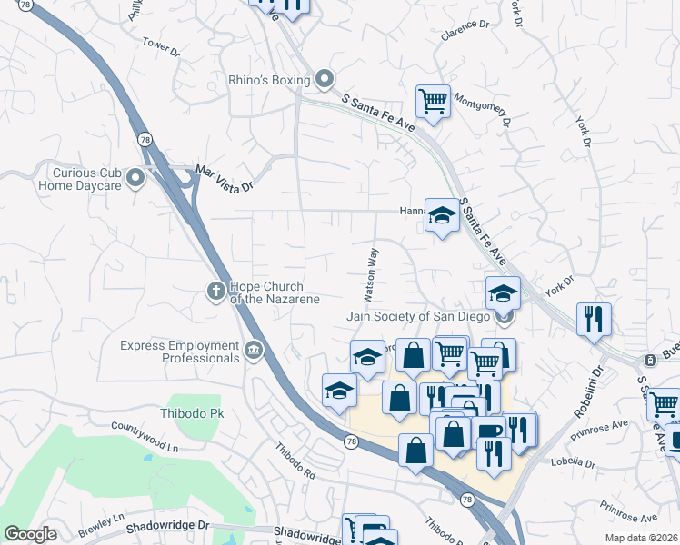 map of restaurants, bars, coffee shops, grocery stores, and more near 1721 Watson Way in Vista