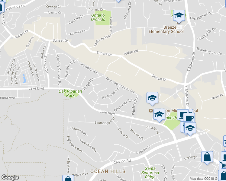 map of restaurants, bars, coffee shops, grocery stores, and more near 3575 Newland Road in Oceanside
