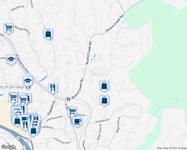 map of restaurants, bars, coffee shops, grocery stores, and more near 2101 Savona Court in Vista
