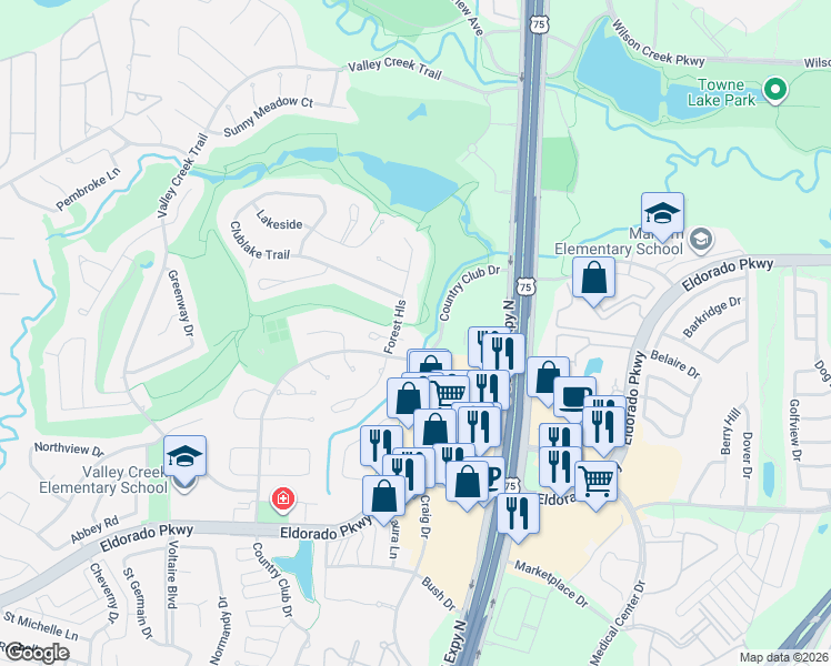 map of restaurants, bars, coffee shops, grocery stores, and more near 2302 Forest Hills Court in McKinney