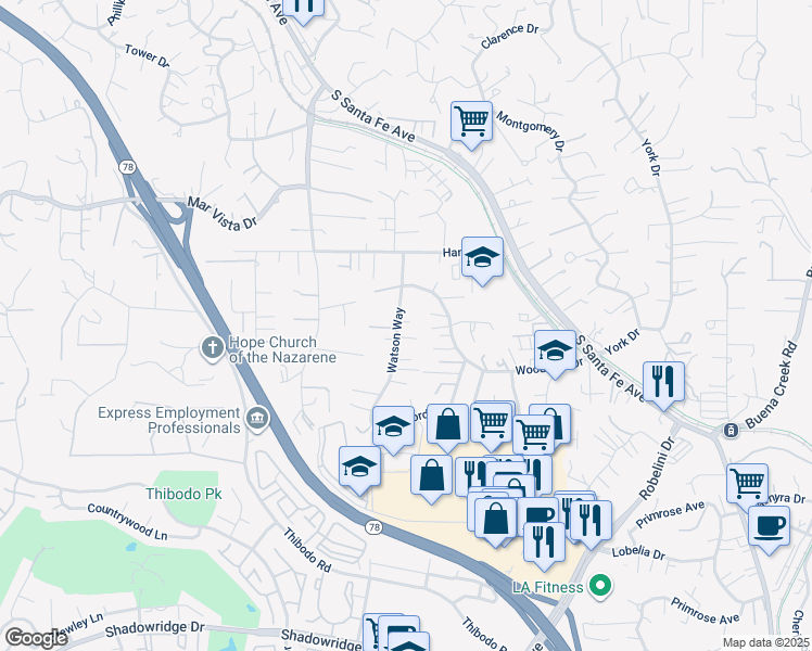 map of restaurants, bars, coffee shops, grocery stores, and more near 1716 Watson Way in Vista