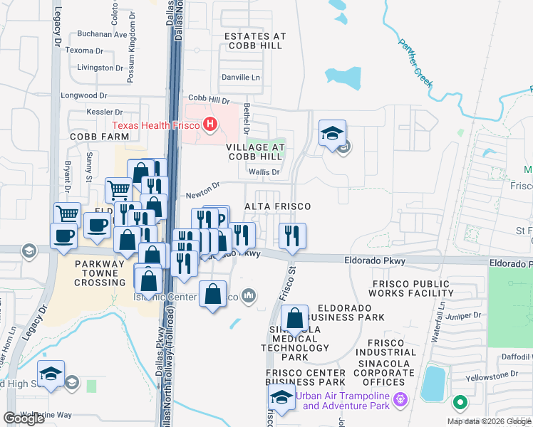 map of restaurants, bars, coffee shops, grocery stores, and more near 6000 Eldorado Parkway in Frisco