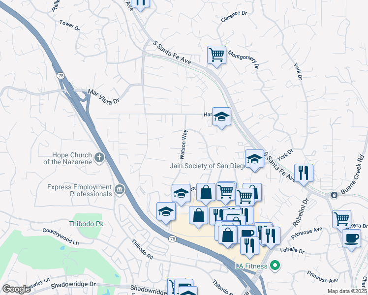map of restaurants, bars, coffee shops, grocery stores, and more near 1718 Watson Way in Vista