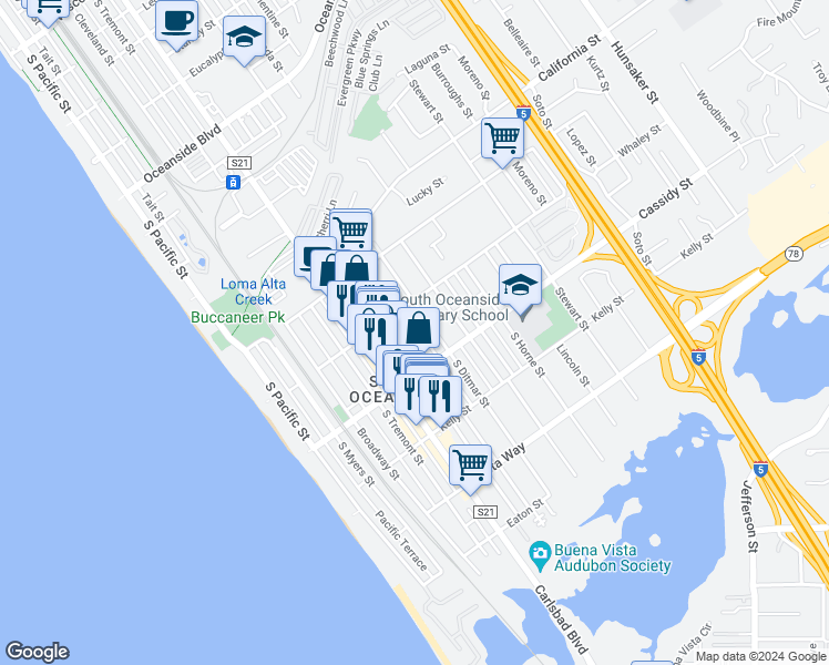 map of restaurants, bars, coffee shops, grocery stores, and more near 1718 Alvarado Street in Oceanside