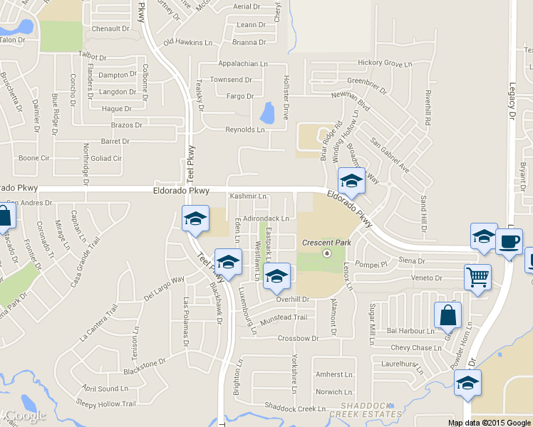 map of restaurants, bars, coffee shops, grocery stores, and more near 3296 Adirondack Lane in Frisco