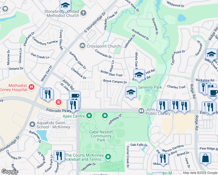 map of restaurants, bars, coffee shops, grocery stores, and more near 2605 Black Canyon Drive in McKinney