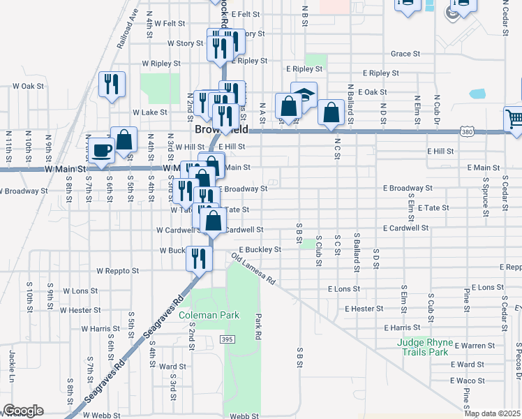 map of restaurants, bars, coffee shops, grocery stores, and more near 400 East Tate Street in Brownfield
