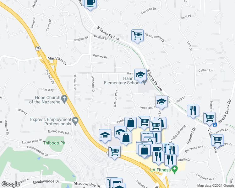 map of restaurants, bars, coffee shops, grocery stores, and more near 1716 Watson Way in Vista