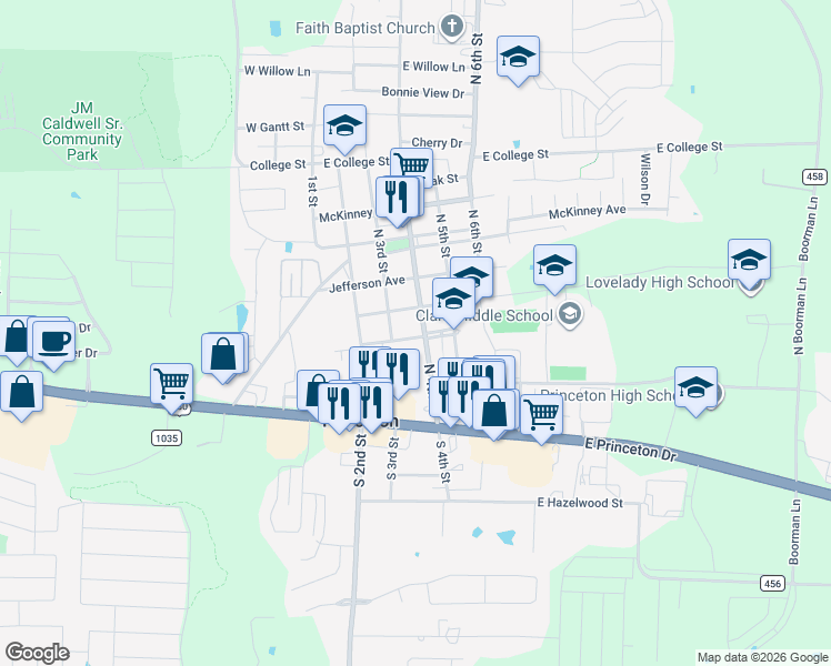 map of restaurants, bars, coffee shops, grocery stores, and more near 300 N 4th St in Princeton