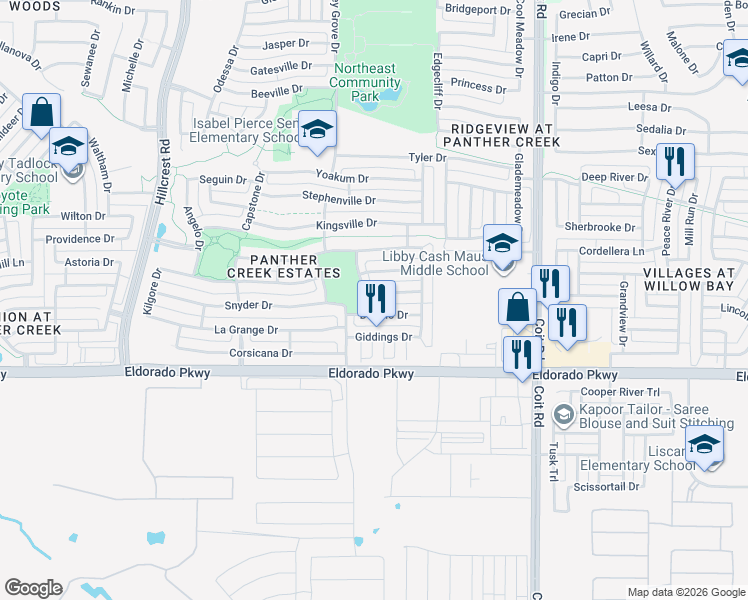 map of restaurants, bars, coffee shops, grocery stores, and more near 11917 Big Springs Drive in Frisco