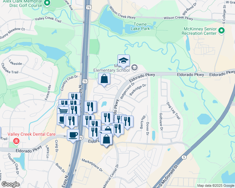 map of restaurants, bars, coffee shops, grocery stores, and more near 1330 Eldarado Parkway in McKinney