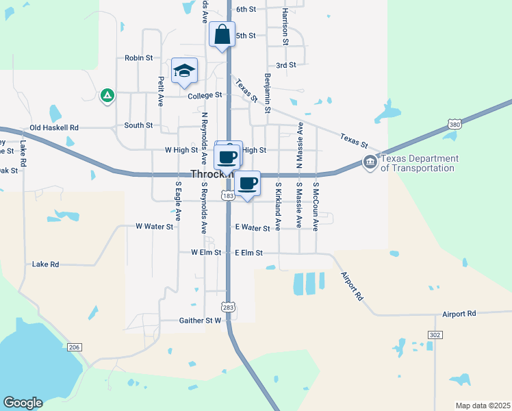 map of restaurants, bars, coffee shops, grocery stores, and more near 201 East Washington Street in Throckmorton