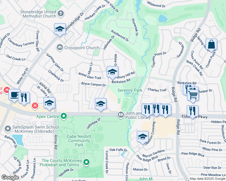 map of restaurants, bars, coffee shops, grocery stores, and more near 6951 Berkshire Road in McKinney