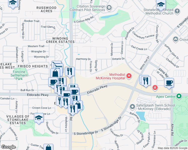 map of restaurants, bars, coffee shops, grocery stores, and more near 8617 Luzerne Drive in McKinney