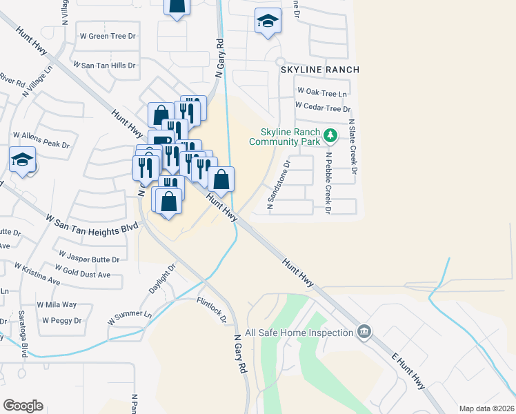 map of restaurants, bars, coffee shops, grocery stores, and more near 1194 West Desert Seasons Drive in San Tan Valley