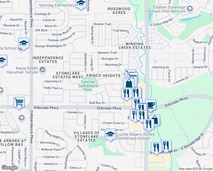 map of restaurants, bars, coffee shops, grocery stores, and more near 15579 Appaloosa Drive in Frisco