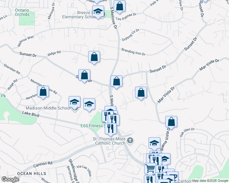 map of restaurants, bars, coffee shops, grocery stores, and more near 1292 Sunset Drive in Vista