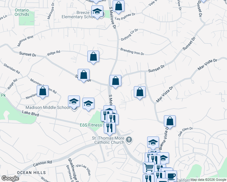 map of restaurants, bars, coffee shops, grocery stores, and more near 1292 Sunset Drive in Vista