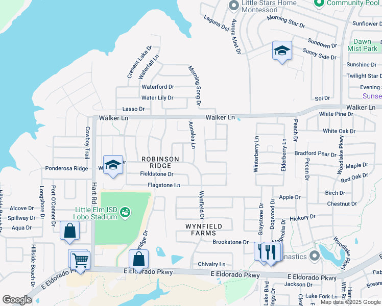 map of restaurants, bars, coffee shops, grocery stores, and more near 2612 Annalea Lane in Little Elm