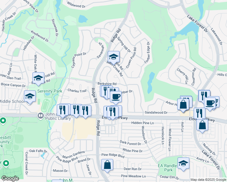 map of restaurants, bars, coffee shops, grocery stores, and more near 2609 Dunbar Drive in McKinney