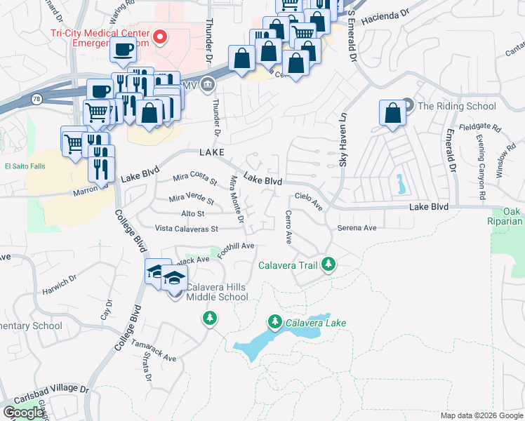 map of restaurants, bars, coffee shops, grocery stores, and more near 4168 Baycliff Way in Oceanside