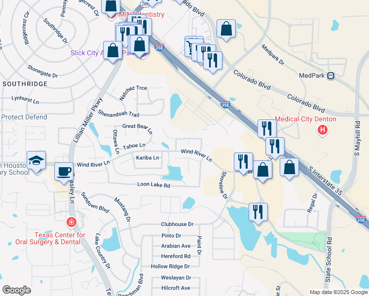 map of restaurants, bars, coffee shops, grocery stores, and more near 3109 Waterton Lane in Denton
