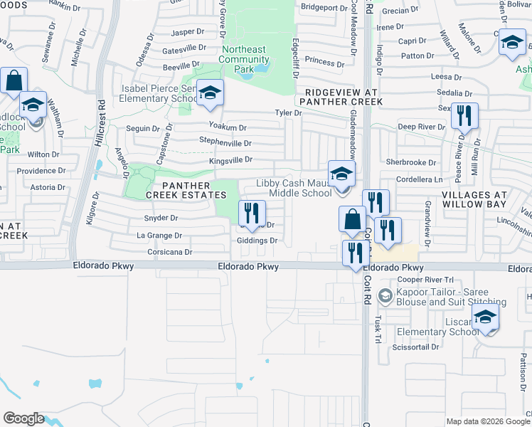 map of restaurants, bars, coffee shops, grocery stores, and more near 12007 Big Springs Drive in Frisco