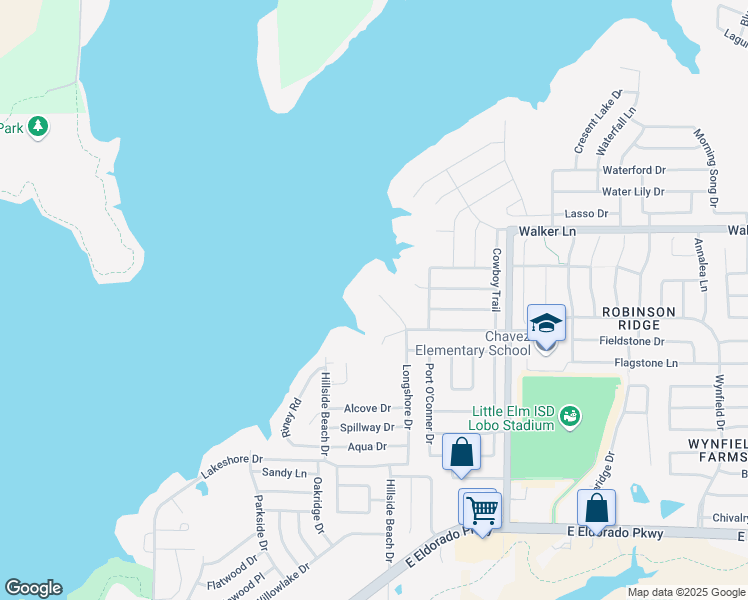map of restaurants, bars, coffee shops, grocery stores, and more near 524 Longshore Drive in Little Elm