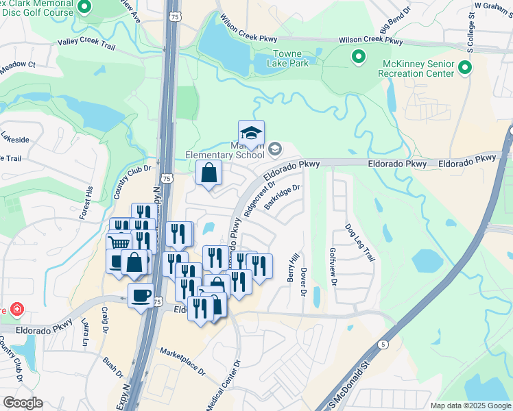 map of restaurants, bars, coffee shops, grocery stores, and more near 1035 Ridgecrest Drive in McKinney