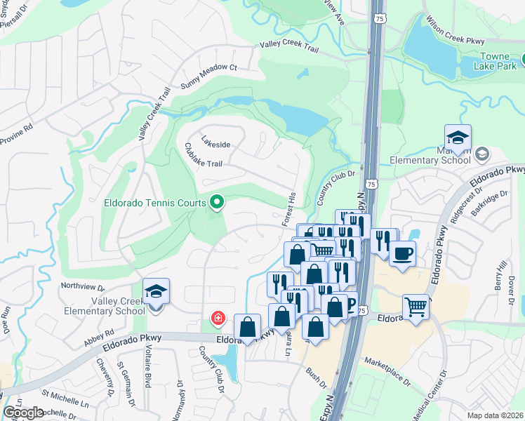 map of restaurants, bars, coffee shops, grocery stores, and more near 2104 Augusta Street in McKinney