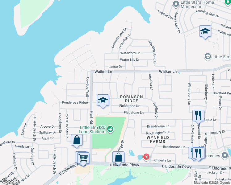 map of restaurants, bars, coffee shops, grocery stores, and more near 2609 Rockport Lane in Little Elm