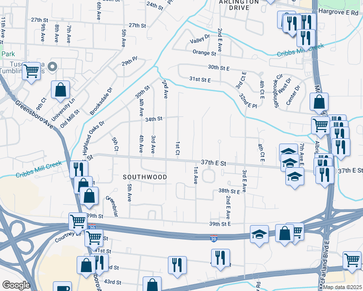 map of restaurants, bars, coffee shops, grocery stores, and more near 3614 1st Court in Tuscaloosa