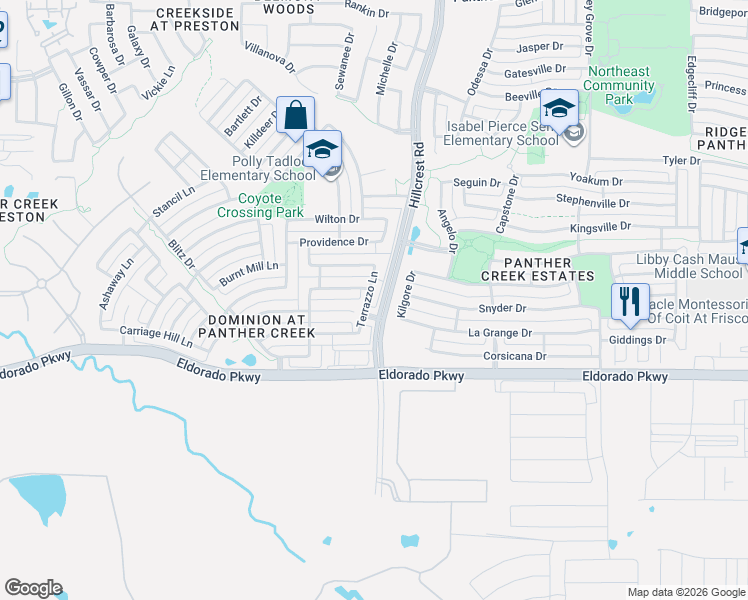 map of restaurants, bars, coffee shops, grocery stores, and more near 12018 Terrazzo Lane in Frisco