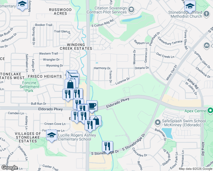 map of restaurants, bars, coffee shops, grocery stores, and more near 2804 Ariel Cove in McKinney