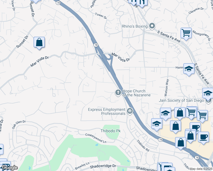 map of restaurants, bars, coffee shops, grocery stores, and more near 520 Hilo Way in Vista