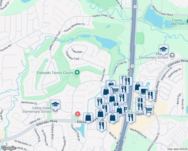 map of restaurants, bars, coffee shops, grocery stores, and more near 2104 Augusta Street in McKinney