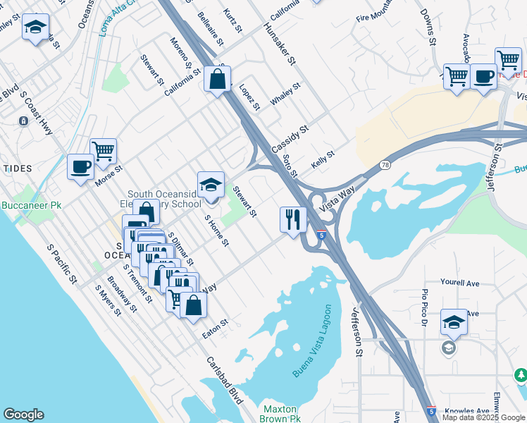 map of restaurants, bars, coffee shops, grocery stores, and more near 1904 Stewart Street in Oceanside