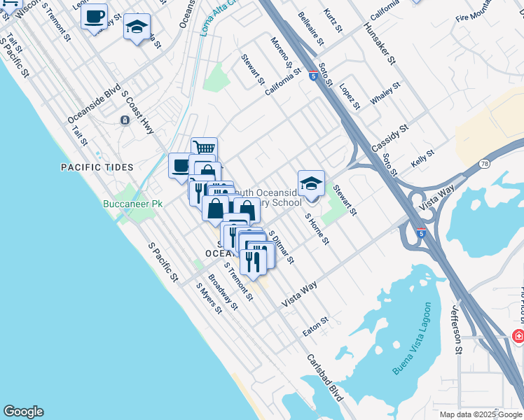 map of restaurants, bars, coffee shops, grocery stores, and more near 1745 South Nevada Street in Oceanside
