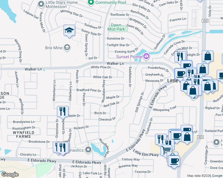 map of restaurants, bars, coffee shops, grocery stores, and more near 2332 Bradford Pear Drive in Little Elm