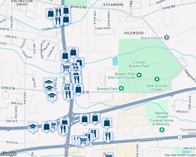 map of restaurants, bars, coffee shops, grocery stores, and more near 1300 37th East Street in Tuscaloosa