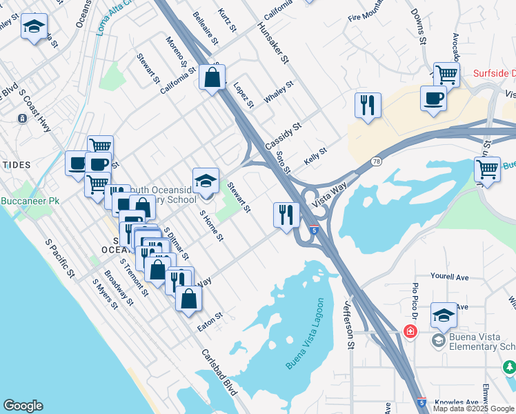 map of restaurants, bars, coffee shops, grocery stores, and more near 1904 Stewart Street in Oceanside