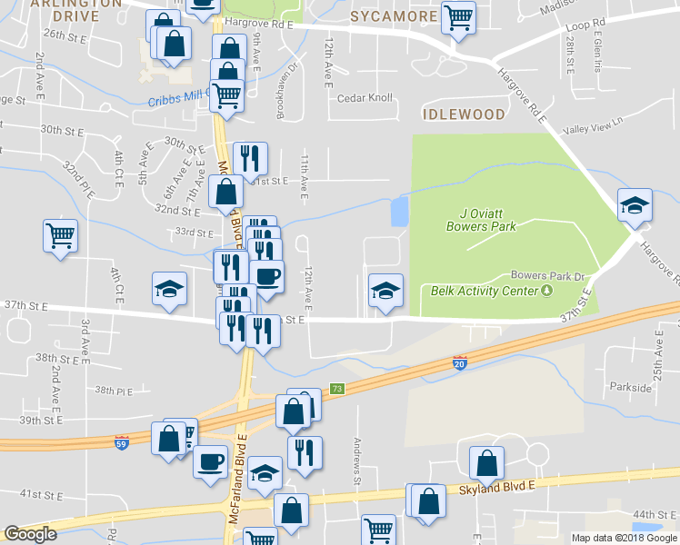map of restaurants, bars, coffee shops, grocery stores, and more near 1300 37th East Street in Tuscaloosa