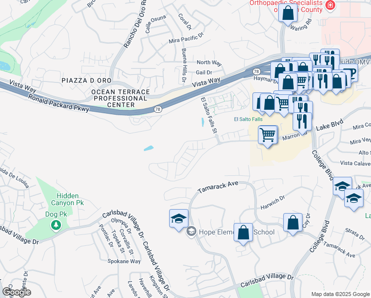 map of restaurants, bars, coffee shops, grocery stores, and more near 3153 Telaga Road in Carlsbad