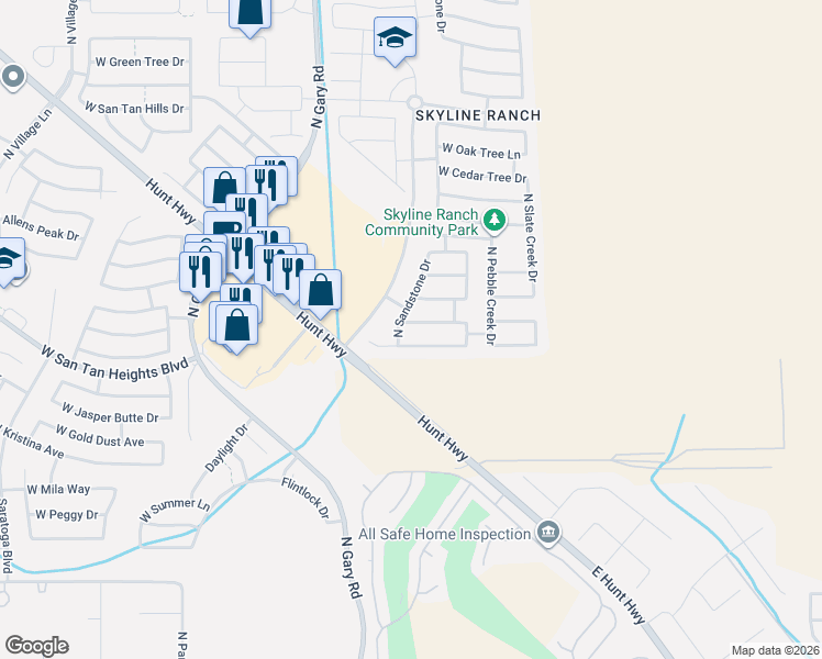 map of restaurants, bars, coffee shops, grocery stores, and more near 1054 West Desert Seasons Drive in San Tan Valley