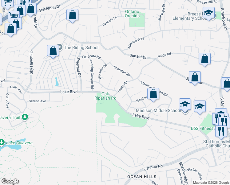 map of restaurants, bars, coffee shops, grocery stores, and more near 3599 Ridge Road in Oceanside