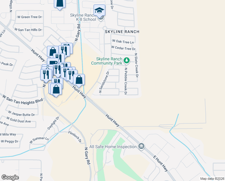 map of restaurants, bars, coffee shops, grocery stores, and more near 959 West Desert Hills Drive in Queen Creek