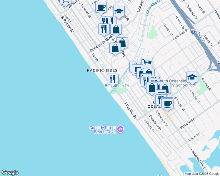 map of restaurants, bars, coffee shops, grocery stores, and more near 1445 South Pacific Street in Oceanside