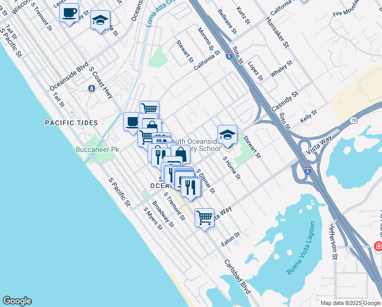 map of restaurants, bars, coffee shops, grocery stores, and more near 1745 South Nevada Street in Oceanside