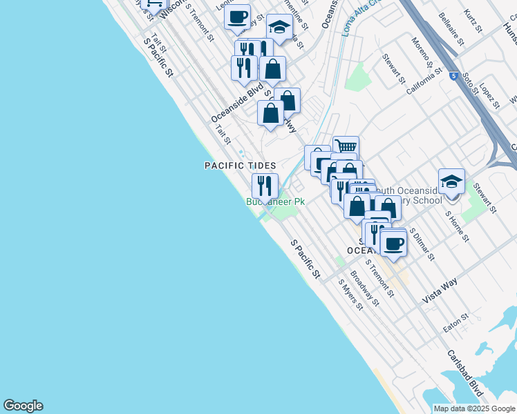 map of restaurants, bars, coffee shops, grocery stores, and more near 1445 South Pacific Street in Oceanside